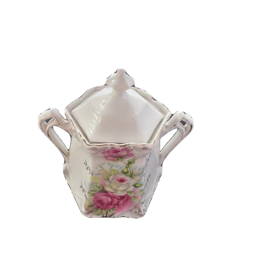 Vintage Hexagon Sugar Bowl With Lid (white and Red Roses) Made in Germany